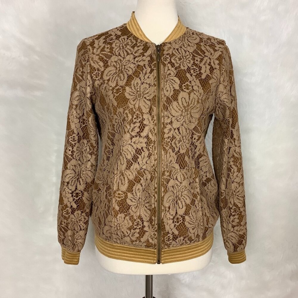 Anne Fontaine Brown Gold Metallic Lace Long Sleeve Brooke Bomber Jacket EU 36
